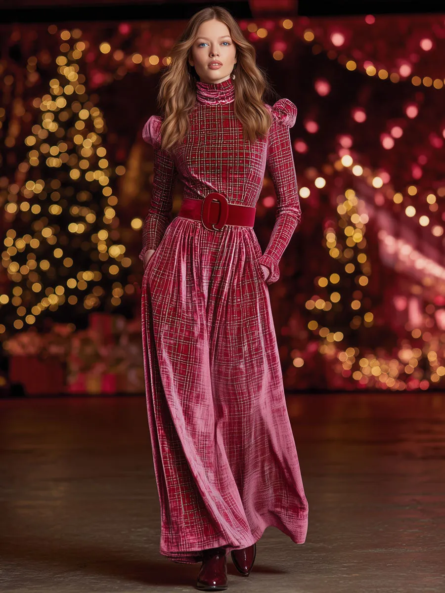 Retro Christmas Red And Green Plaid Velvet Bubble Long-sleeved Maxi Dress sold by Oyrosy product image thumbnail 2