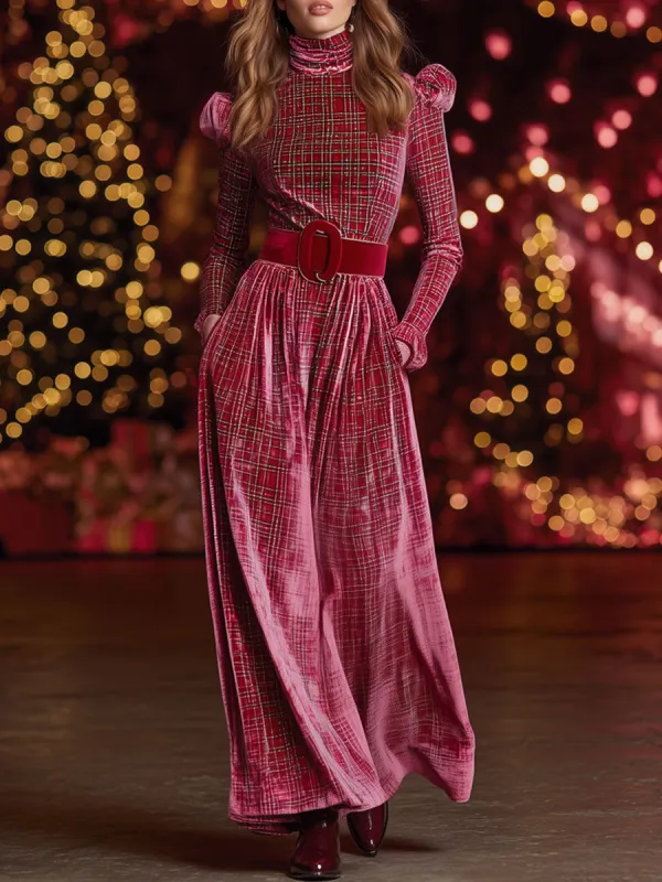 Retro Christmas Red And Green Plaid Velvet Bubble Long-sleeved Maxi Dress sold by Oyrosy