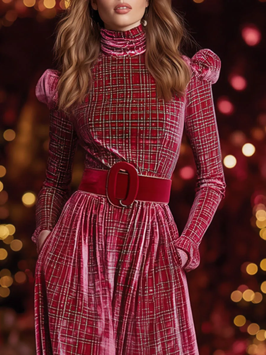 Retro Christmas Red And Green Plaid Velvet Bubble Long-sleeved Maxi Dress sold by Oyrosy product image thumbnail 4