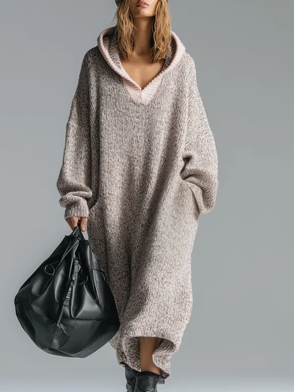 Fashion Loose Retro Trimmed Floral Gray Hooded Knitted Midi Dress sold by Oyrosy