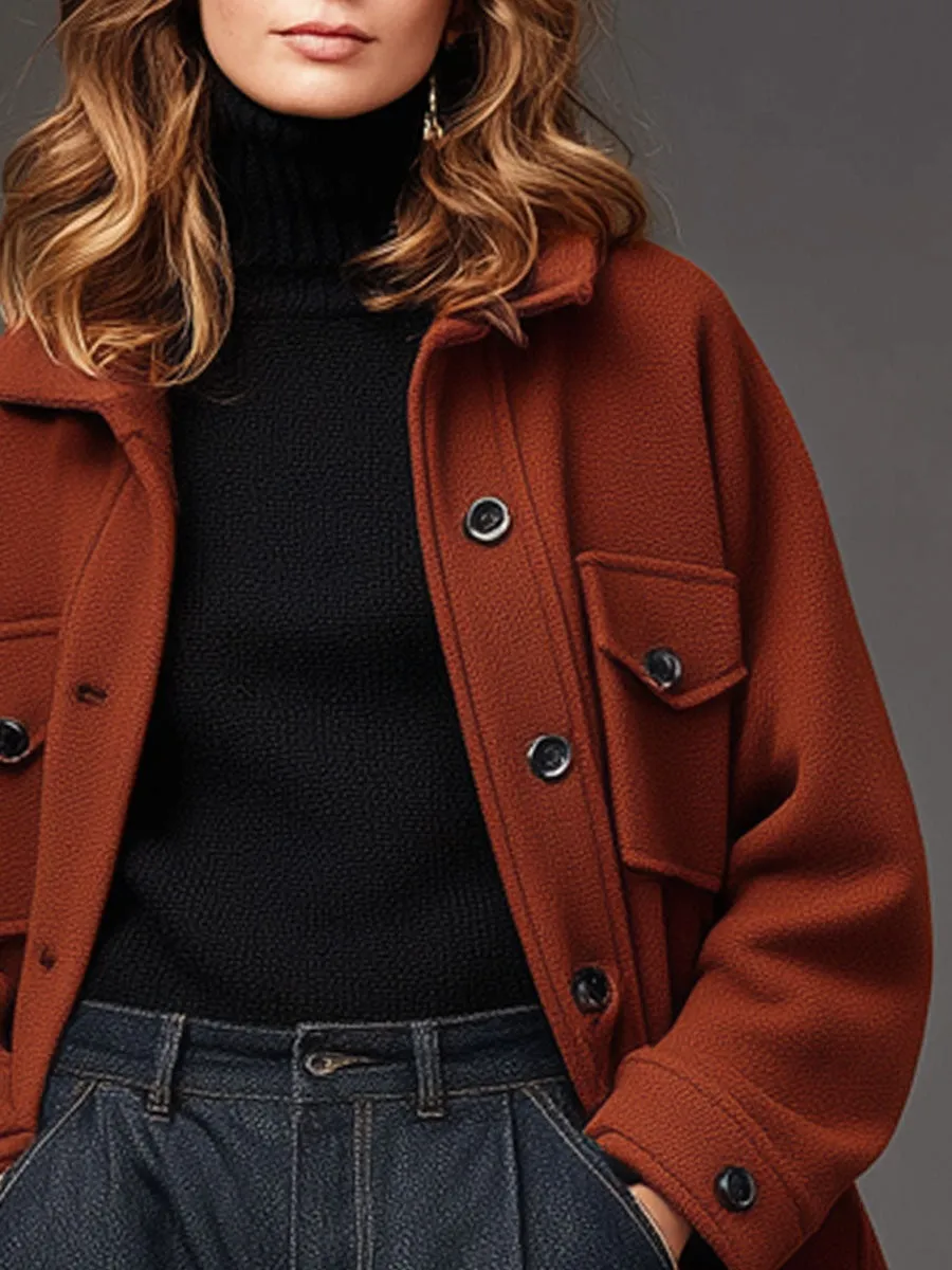 Fashion Retro Red And Brown Woolen Multi-pocket Coat sold by Oyrosy product image thumbnail 3