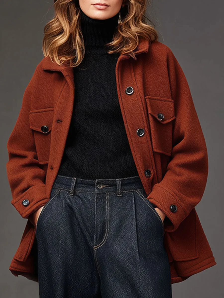Fashion Retro Red And Brown Woolen Multi-pocket Coat sold by Oyrosy