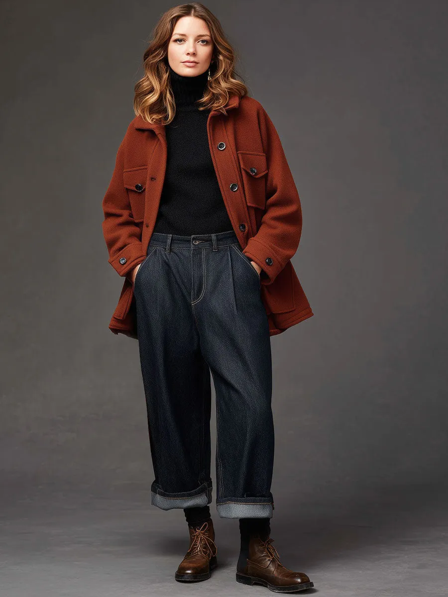 Fashion Retro Red And Brown Woolen Multi-pocket Coat sold by Oyrosy product image thumbnail 2