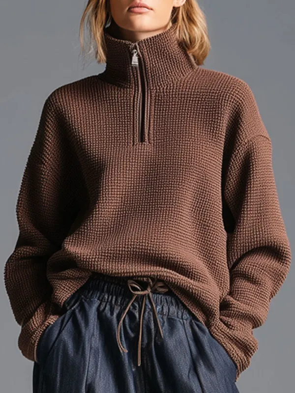 Fashion Retro Half Zip Cocoa Brown Knitted Pullover Sweater sold by Oyrosy