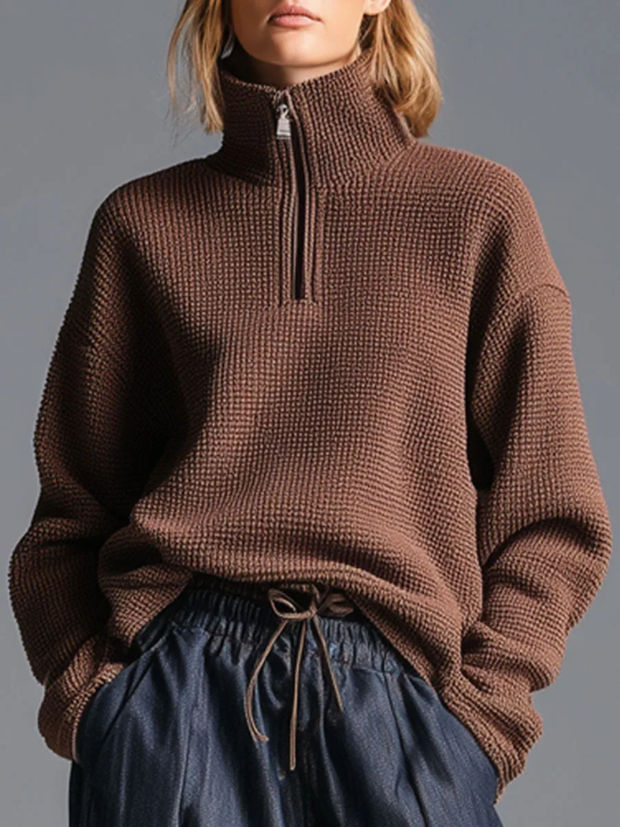 Fashion Retro Half Zip Cocoa Brown Knitted Pullover Sweater sold by Oyrosy