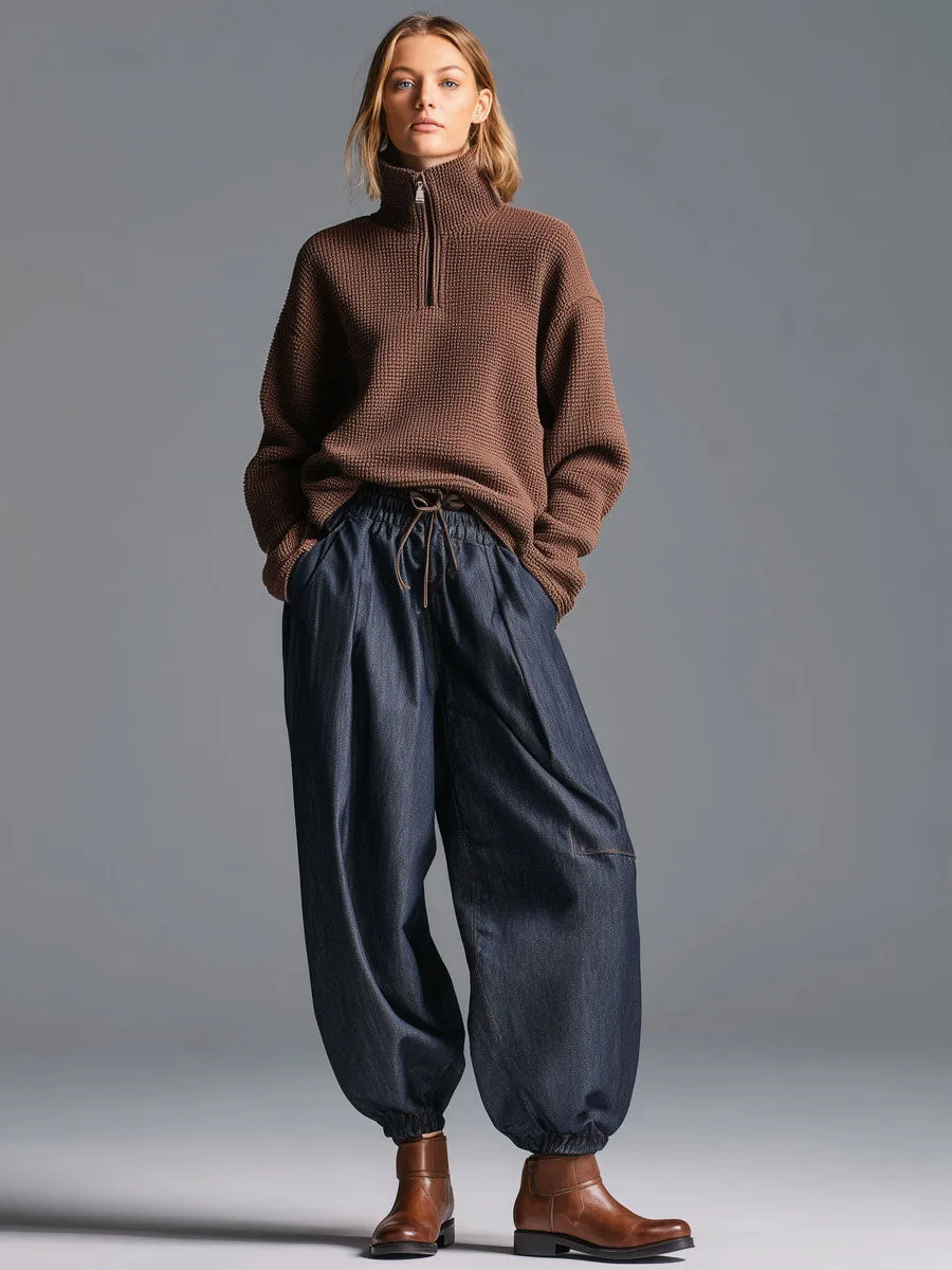 Fashion Retro Half Zip Cocoa Brown Knitted Pullover Sweater sold by Oyrosy product image thumbnail 2