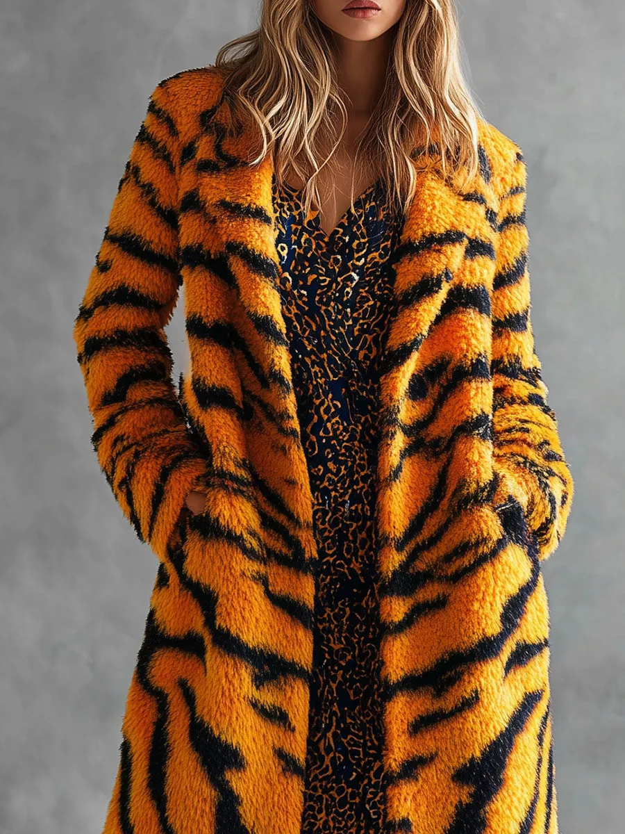 Trendy Western Style Yellow Tiger Print Faux Fur Coat sold by Oyrosy product image thumbnail 3