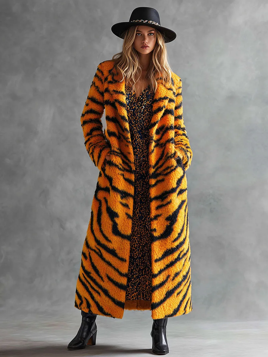 Trendy Western Style Yellow Tiger Print Faux Fur Coat sold by Oyrosy product image thumbnail 2