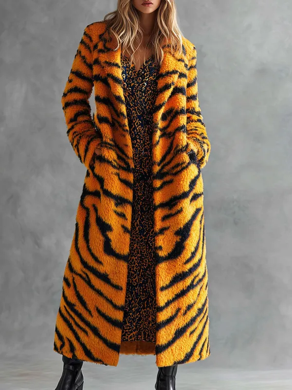 Trendy Western Style Yellow Tiger Print Faux Fur Coat sold by Oyrosy