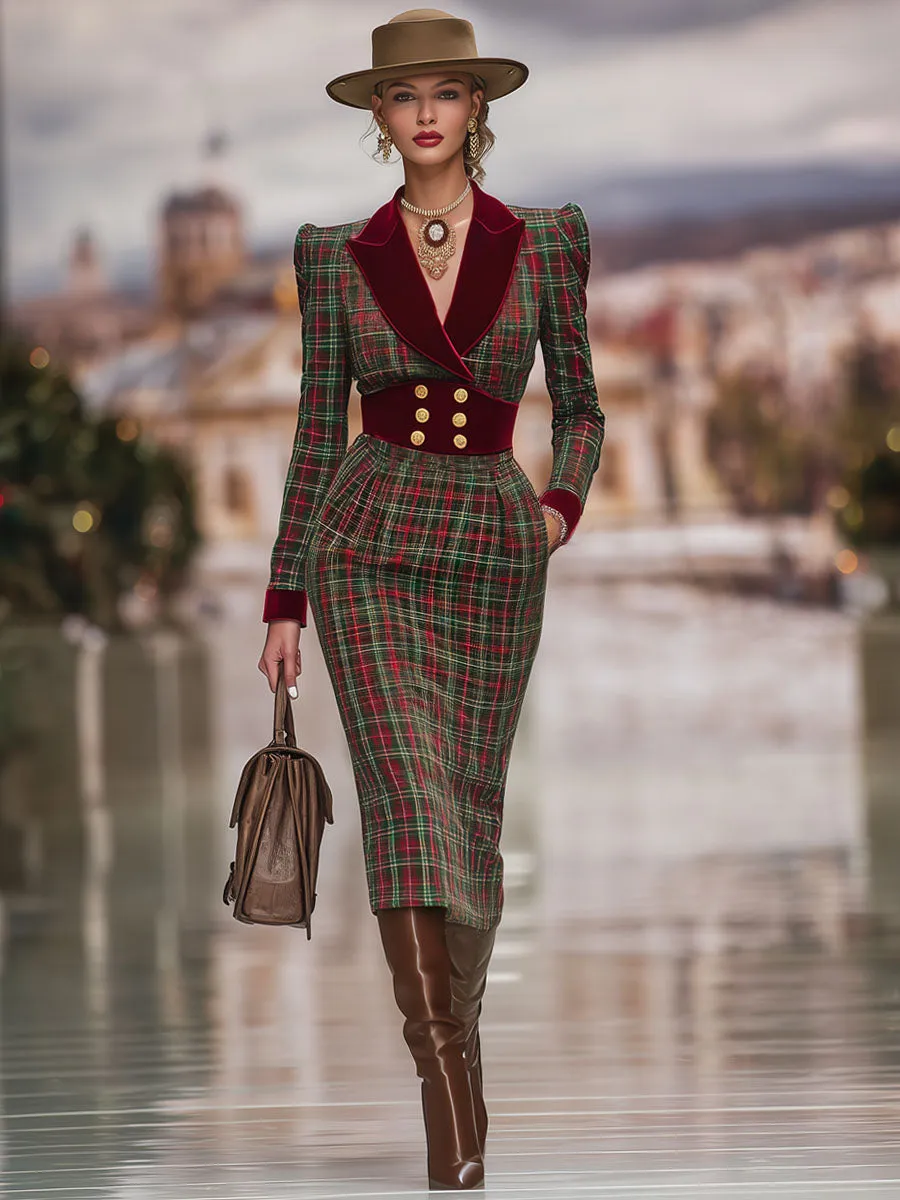 Retro Classic Plaid Print Waist Velvet Midi Dress sold by Oyrosy product image thumbnail 4