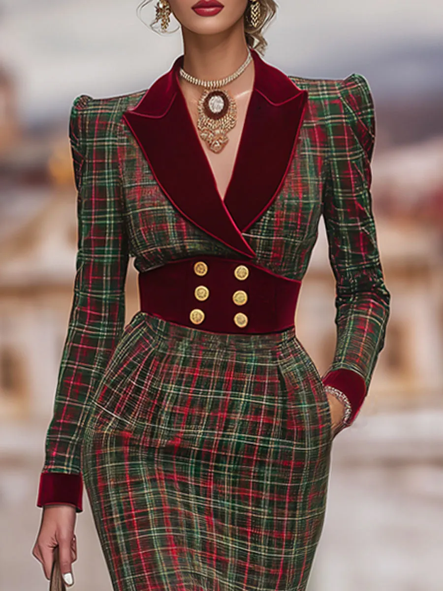 Retro Classic Plaid Print Waist Velvet Midi Dress sold by Oyrosy product image thumbnail 2