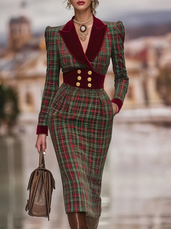 Retro Classic Plaid Print Waist Velvet Midi Dress sold by Oyrosy