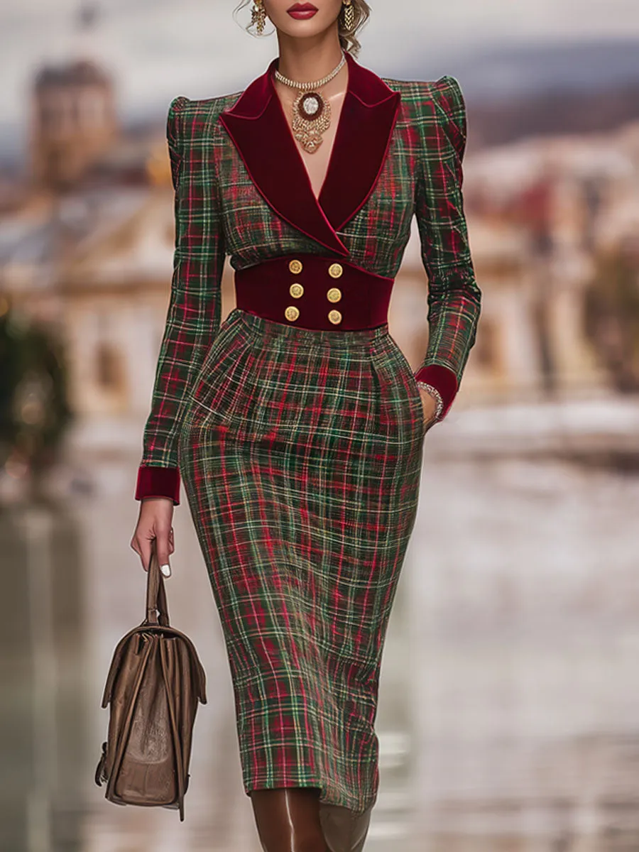 Retro Classic Plaid Print Waist Velvet Midi Dress sold by Oyrosy