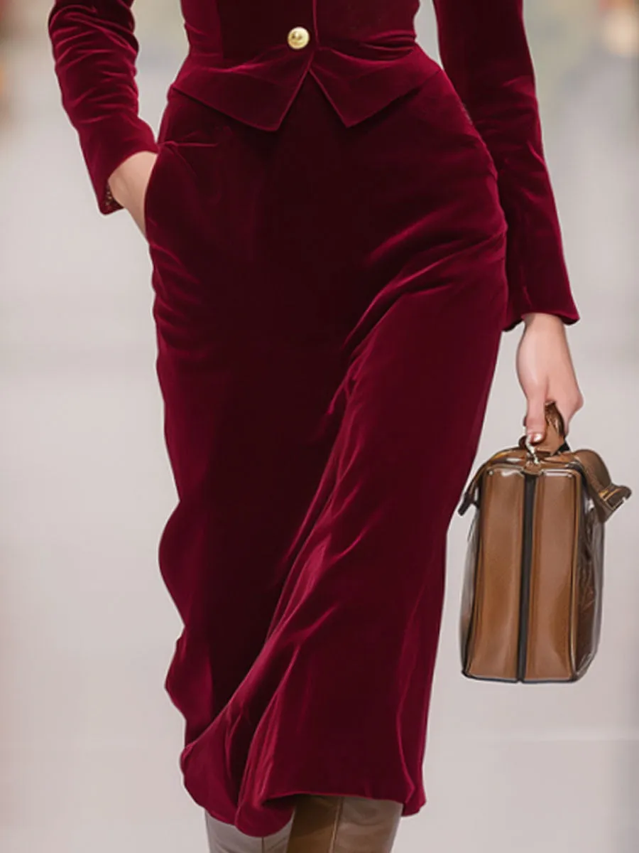 Elegant Stand-up Collar Single-breasted Floral Embroidered Jacket And Skirt Velvet Suit sold by Oyrosy product image thumbnail 3