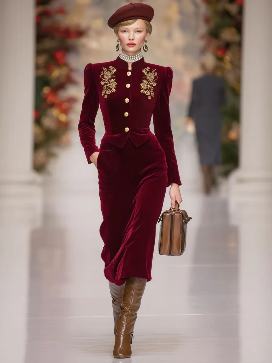 Elegant Stand-up Collar Single-breasted Floral Embroidered Jacket And Skirt Velvet Suit sold by Oyrosy product image thumbnail 4