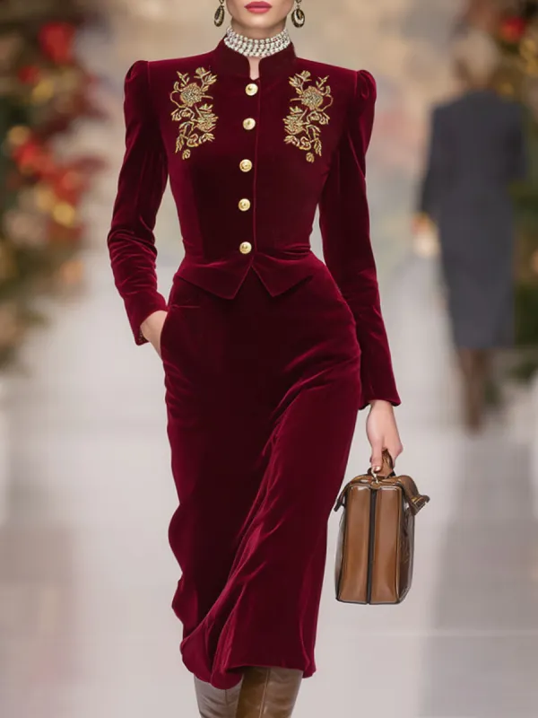 Elegant Stand-up Collar Single-breasted Floral Embroidered Jacket And Skirt Velvet Suit sold by Oyrosy