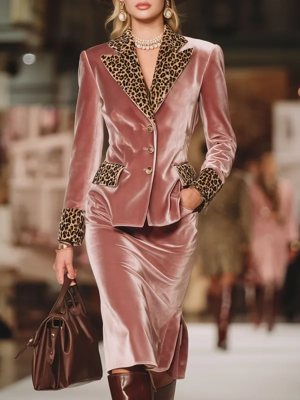 Leopard Print Lapel Single-breasted Blazer And Skirt Velvet Suit sold by Oyrosy