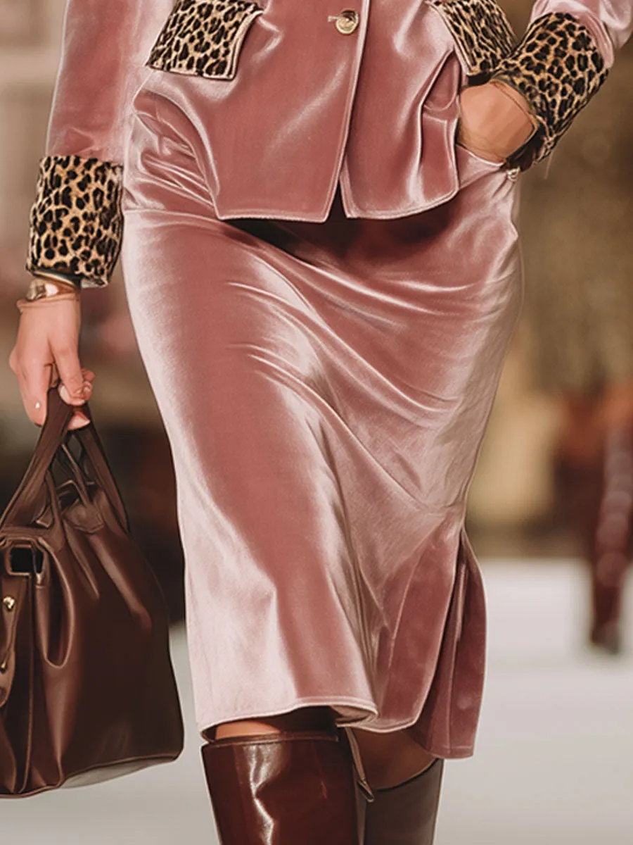 Leopard Print Lapel Single-breasted Blazer And Skirt Velvet Suit sold by Oyrosy product image thumbnail 3