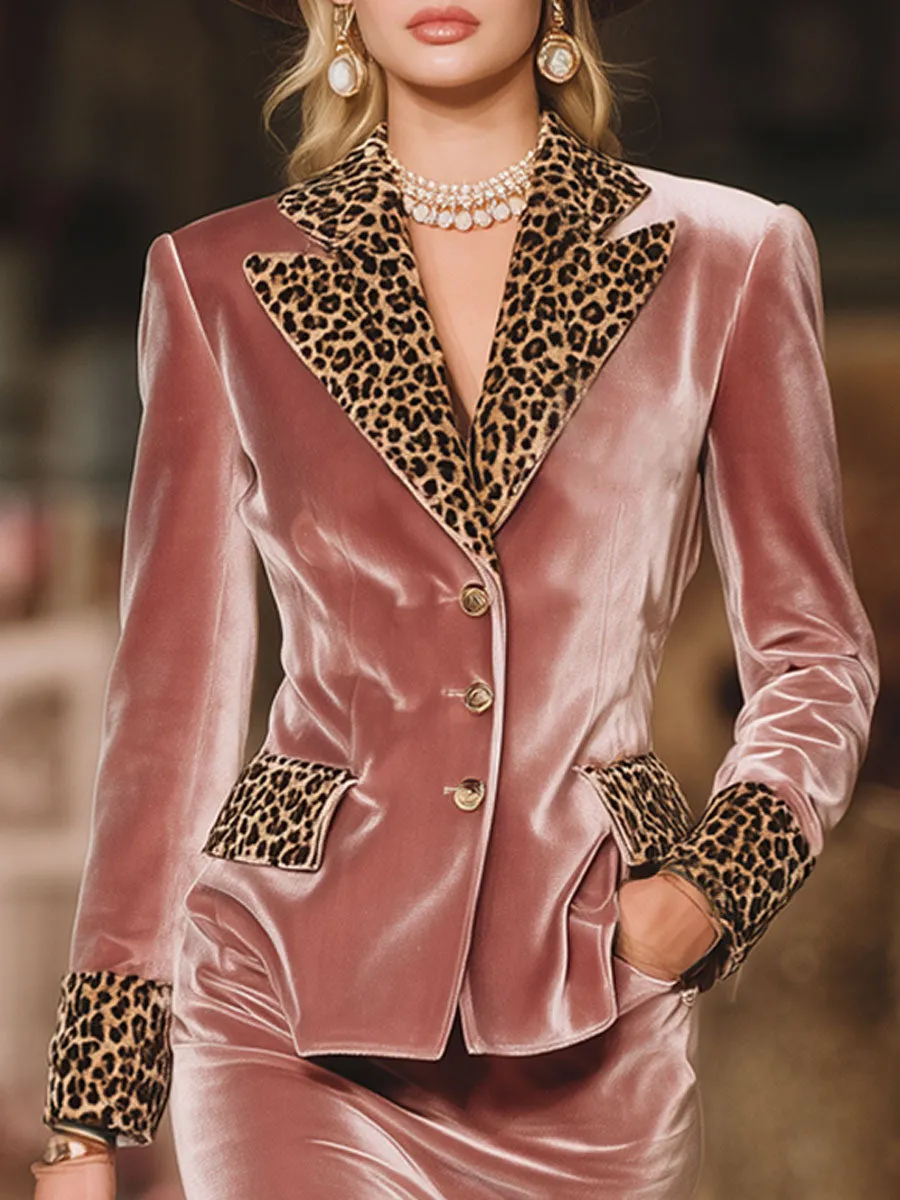 Leopard Print Lapel Single-breasted Blazer And Skirt Velvet Suit sold by Oyrosy product image thumbnail 2