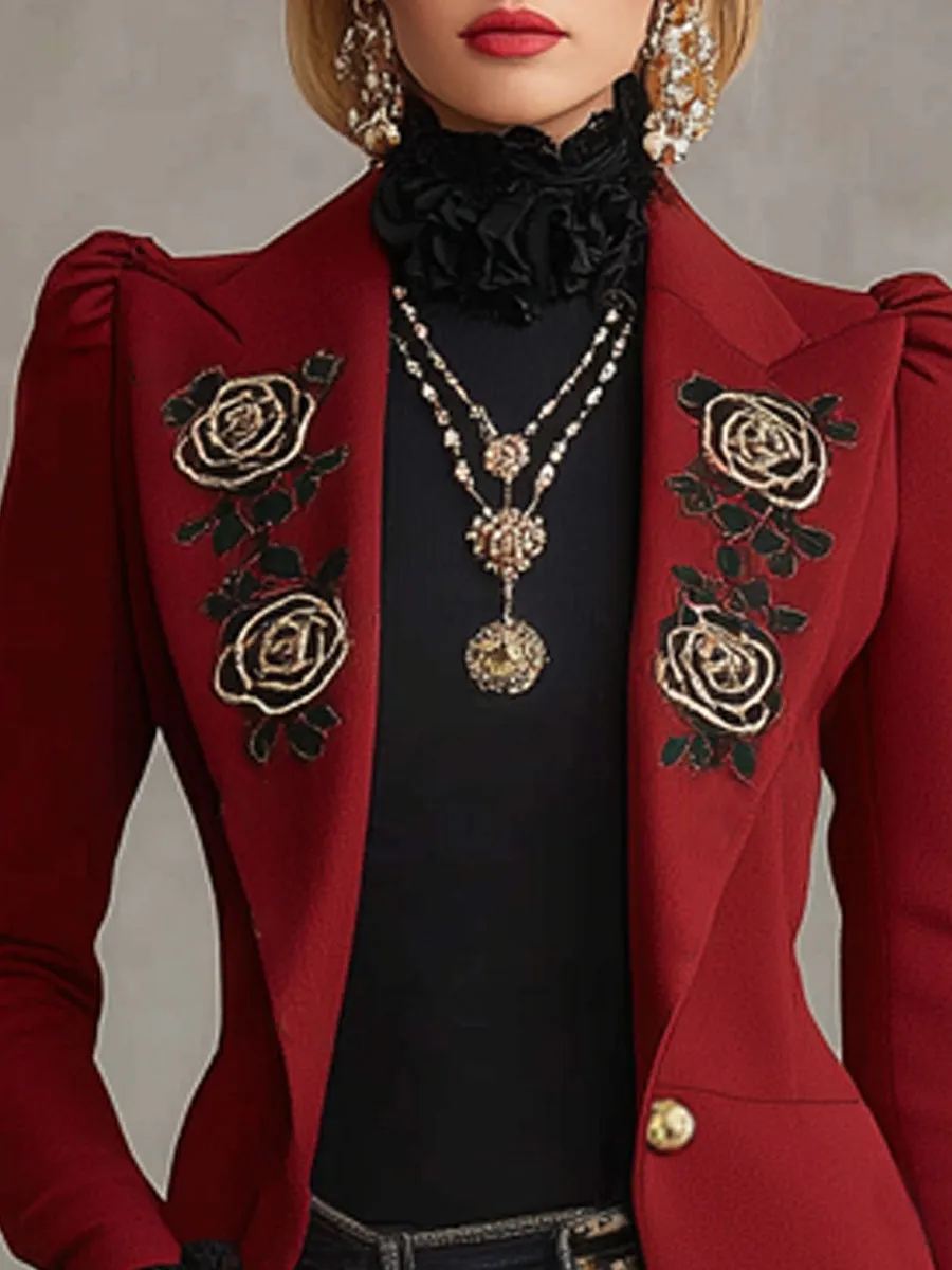Lapel Rose Embroidery Metal Button Woolen Blazer sold by Oyrosy product image thumbnail 2