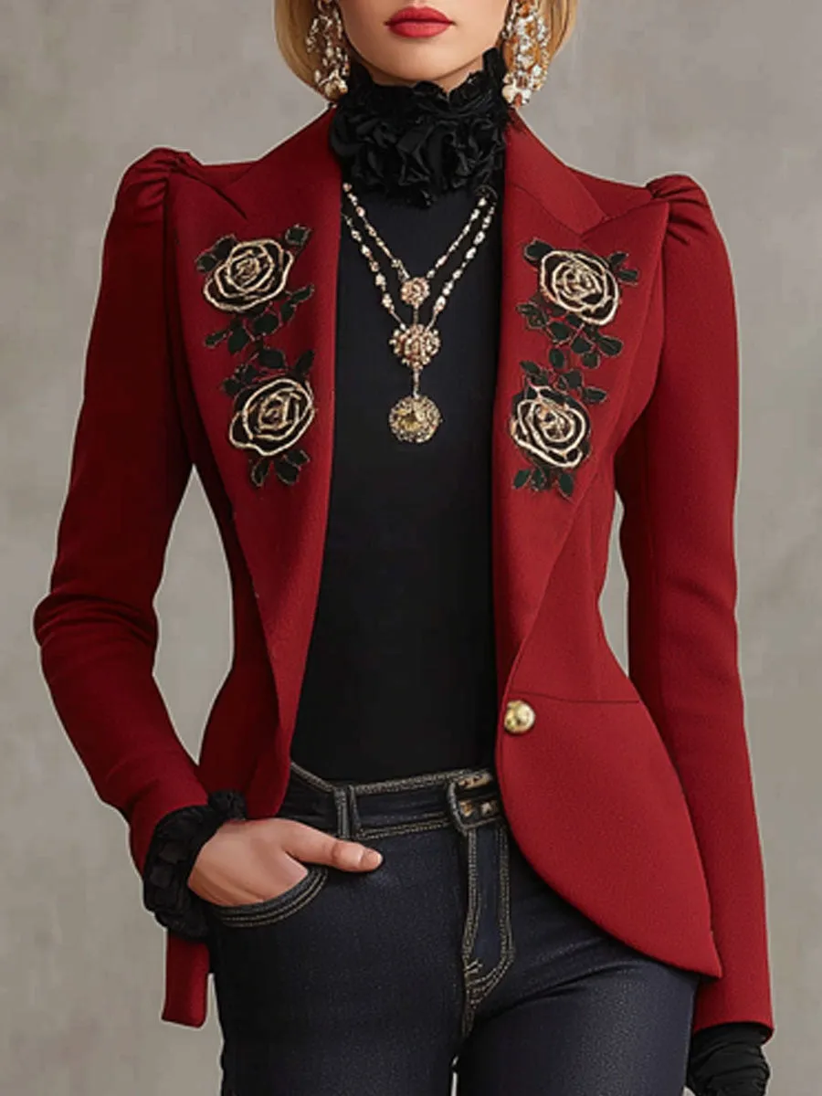 Lapel Rose Embroidery Metal Button Woolen Blazer sold by Oyrosy