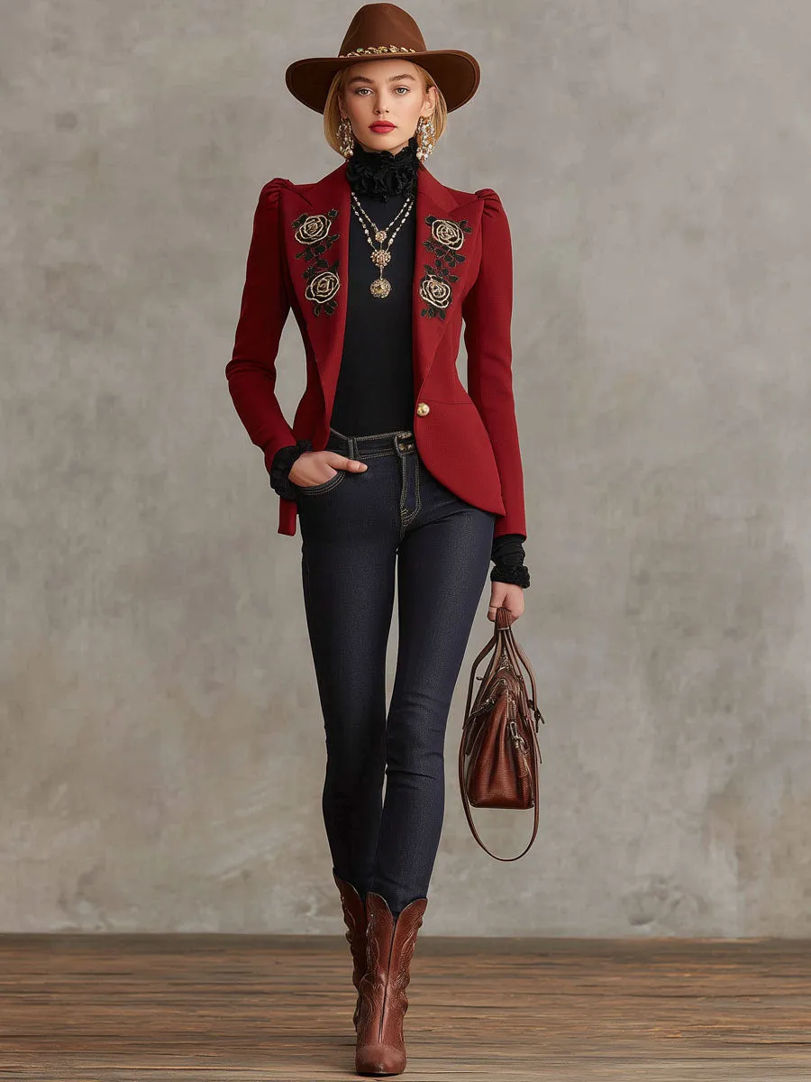 Lapel Rose Embroidery Metal Button Woolen Blazer sold by Oyrosy product image thumbnail 4