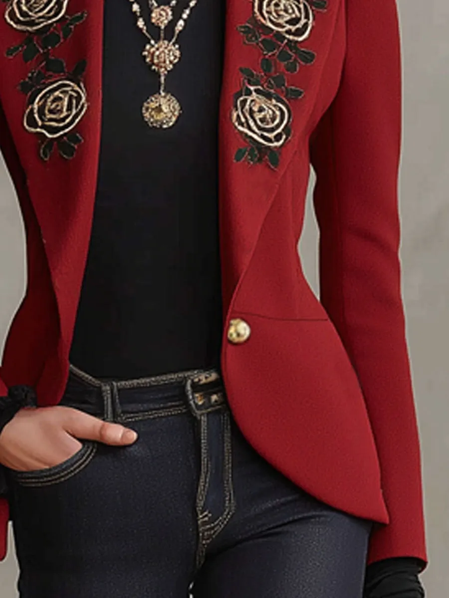 Lapel Rose Embroidery Metal Button Woolen Blazer sold by Oyrosy product image thumbnail 3