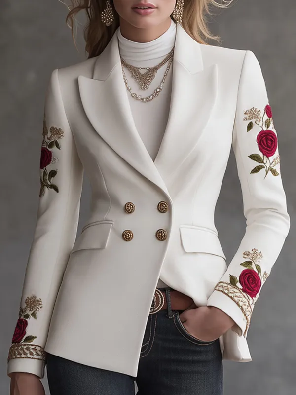 Lapel Rose Embroidery Double-breasted Woolen Blazer sold by Oyrosy