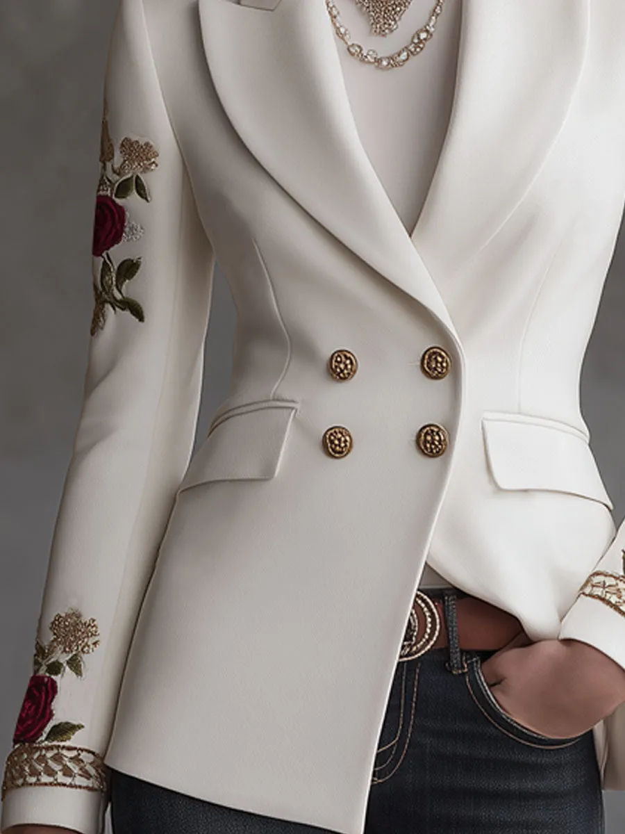 Lapel Rose Embroidery Double-breasted Woolen Blazer sold by Oyrosy product image thumbnail 3