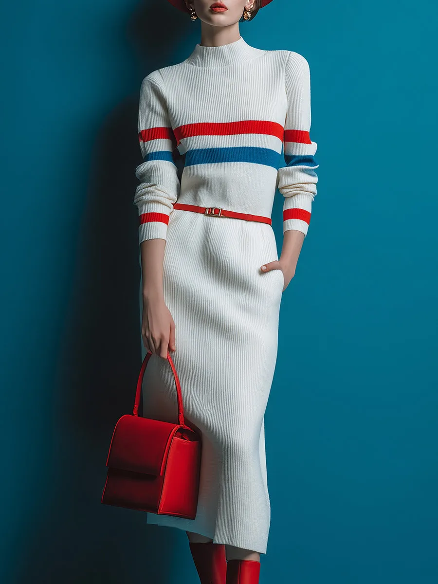 Simple And Fashionable Red And Blue Striped White Knitted Midi Dress sold by Oyrosy