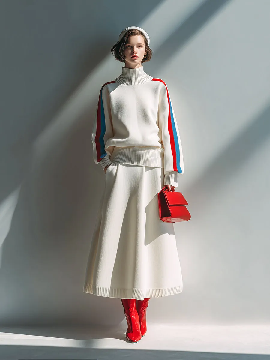 Simple And Fashionable Red And Blue Striped Sweater A-line Skirt White Knitted Set sold by Oyrosy product image thumbnail 2