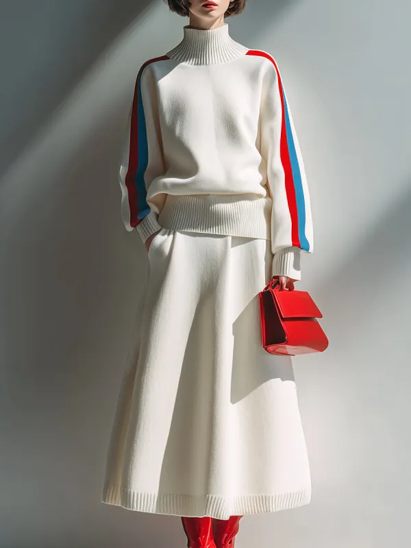 Simple And Fashionable Red And Blue Striped Sweater A-line Skirt White Knitted Set sold by Oyrosy