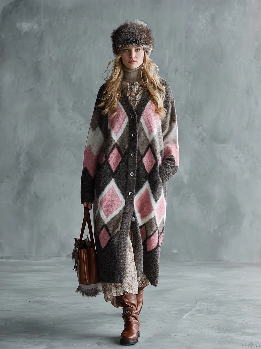 Retro And Fashionable Pink Diamond Check Brown Knitted Long Cardigan sold by Oyrosy product image thumbnail 2