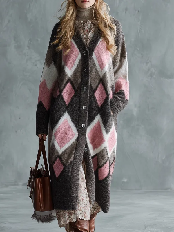 Retro And Fashionable Pink Diamond Check Brown Knitted Long Cardigan sold by Oyrosy