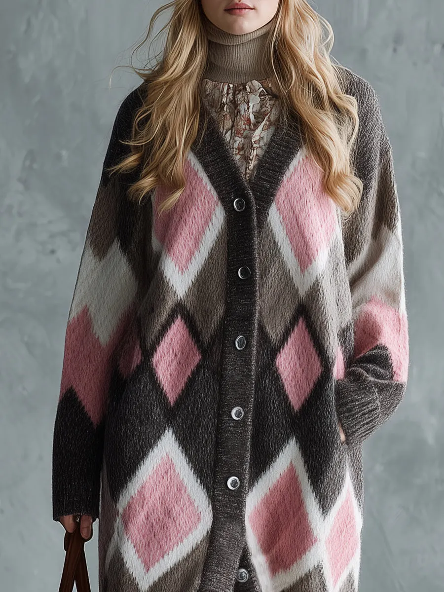 Retro And Fashionable Pink Diamond Check Brown Knitted Long Cardigan sold by Oyrosy product image thumbnail 3