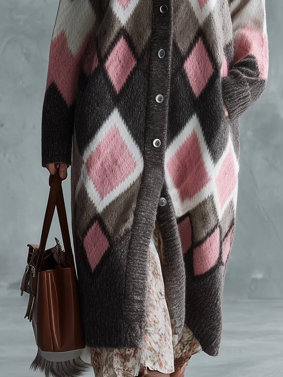 Retro And Fashionable Pink Diamond Check Brown Knitted Long Cardigan sold by Oyrosy product image thumbnail 4