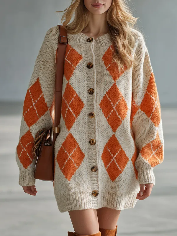 Retro Loose Orange Diamond Beige Knitted Cardigan sold by Oyrosy