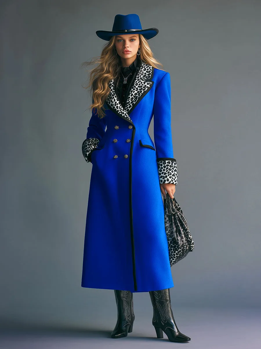 High-end Fashionable Leopard Print Collar Royal Blue Double-breasted Woolen Coat sold by Oyrosy product image thumbnail 3