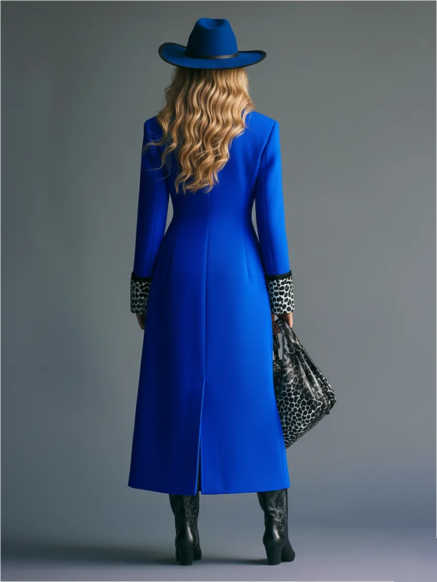 High-end Fashionable Leopard Print Collar Royal Blue Double-breasted Woolen Coat sold by Oyrosy product image thumbnail 2