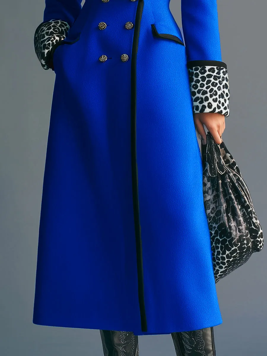 High-end Fashionable Leopard Print Collar Royal Blue Double-breasted Woolen Coat sold by Oyrosy product image thumbnail 5