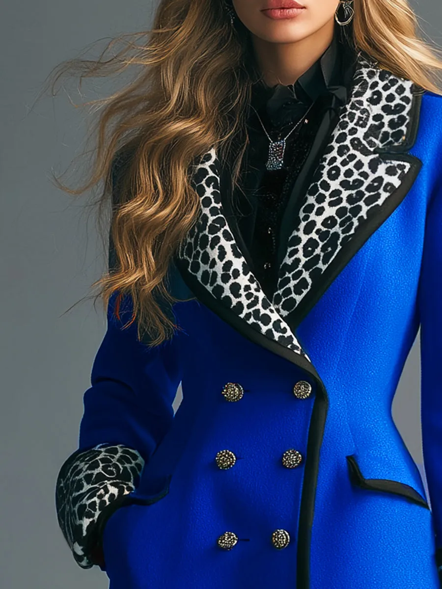 High-end Fashionable Leopard Print Collar Royal Blue Double-breasted Woolen Coat sold by Oyrosy product image thumbnail 4