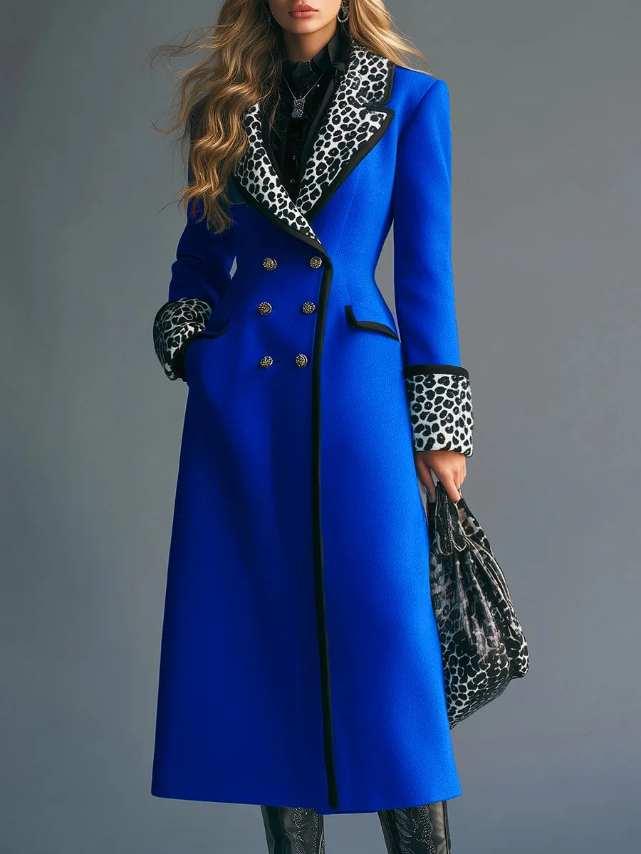 High-end Fashionable Leopard Print Collar Royal Blue Double-breasted Woolen Coat sold by Oyrosy