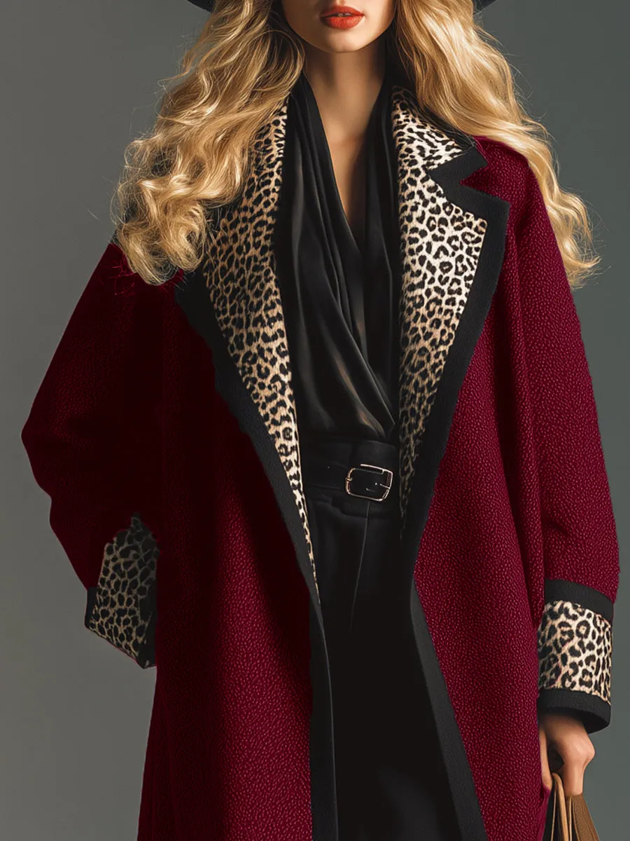 Retro And Fashionable Leopard Collar Burgundy Woolen Coat sold by Oyrosy product image thumbnail 3