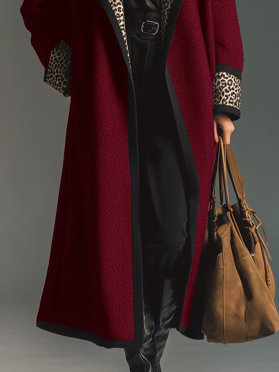 Retro And Fashionable Leopard Collar Burgundy Woolen Coat sold by Oyrosy product image thumbnail 4