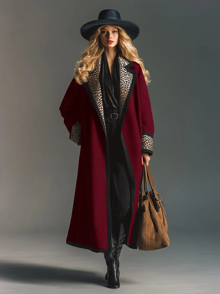 Retro And Fashionable Leopard Collar Burgundy Woolen Coat sold by Oyrosy product image thumbnail 2