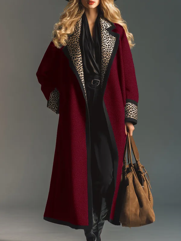 Retro And Fashionable Leopard Collar Burgundy Woolen Coat sold by Oyrosy