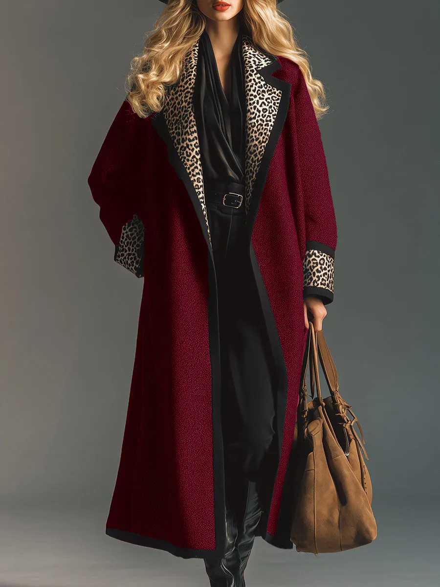 Retro And Fashionable Leopard Collar Burgundy Woolen Coat sold by Oyrosy