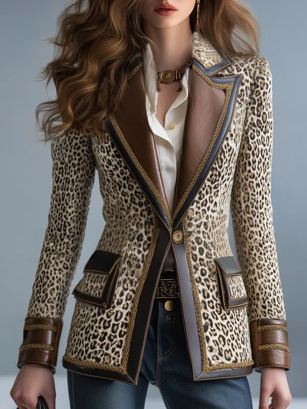 Fashion Vintage Faux Leather Trim Lapel Leopard Print Blazer sold by Oyrosy