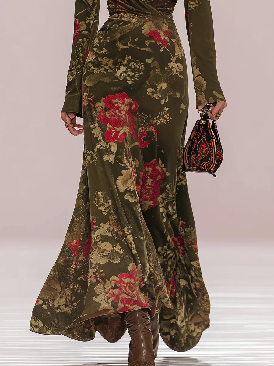 Western Style Retro Floral Print V-neck Long-sleeved Maxi Dress sold by Oyrosy product image thumbnail 4
