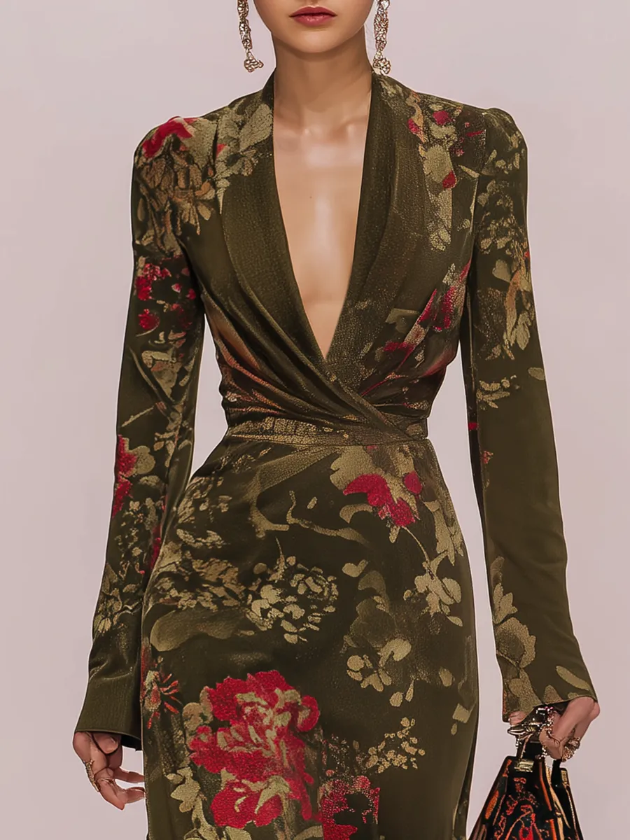 Western Style Retro Floral Print V-neck Long-sleeved Maxi Dress sold by Oyrosy product image thumbnail 3